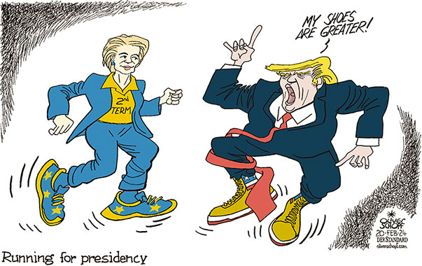 Oliver Schopf, editorial cartoons from Austria, cartoonist from Austria, Austrian illustrations, illustrator from Austria, editorial cartoon politics politician Europe, Cartoon Movement, CartoonArts International 2024: EUROPEAN UNION EU URSULA VON DER LEYEN UVDL RUNNING SECOND TERM PRESIDENT COMMISSION TRUMP GOLDEN SHOES SNEAKERS  
























