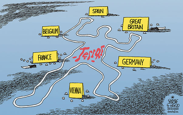 Oliver Schopf, editorial cartoons from Austria, cartoonist from Austria, Austrian illustrations, illustrator from Austria, editorial cartoon politics politician Europe, Cartoon Arts International, 2020: EUROPEAN UNION TERROR ATTACK ASSAULT ISLAMISTIC AUSTRIA VIENNA CITY SEITENSTETTENGASSE SCHWEDENPLATZ MURDER CRIME SCENE SEARCH FOR TRACES FORENSICS 
PARIS FRANCE GERMANY BELGIUM
