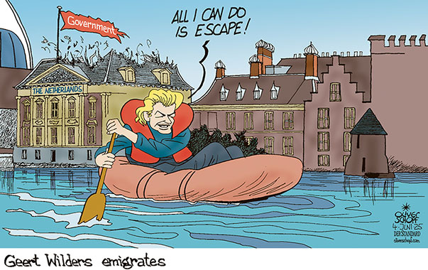 Oliver Schopf, editorial cartoons from Austria, cartoonist from Austria, Austrian illustrations, illustrator from Austria, editorial cartoon politics politician Europe, Cartoon Movement, @oliverschopf.bsky.social 2025: THE NETHERLANDS GEERT WILDERS GOVERNMENT DEN HAAG BUILDING LEAVE QUIT WITHDRAW ASYLUM MIGRATION REFUGEE BOAT PADDLING  





















