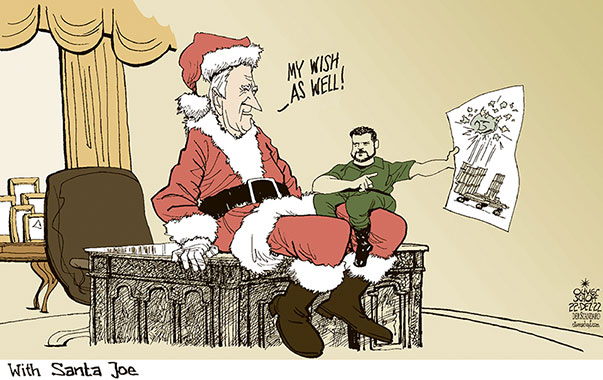 Oliver Schopf, editorial cartoons from Austria, cartoonist from Austria, Austrian illustrations, illustrator from Austria, editorial cartoon politics politician Europe, Cartoon Arts International, 2022: UKRAINE ZELENSKY USA JOE BIDEN WHITE HOUSE OVAL OFFICE CHRISTMAS SANTA CLAUSE WISH WEAPONS GUNS PATRIOT 
