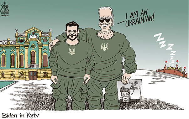 Oliver Schopf, editorial cartoons from Austria, cartoonist from Austria, Austrian illustrations, illustrator from Austria, editorial cartoon politics politician Europe, Cartoon Arts International, 2023: UKRAINE ZELENSKYY JOE BIDEN VISIT KYIV PRESIDENTIAL PALACE KENNEDY SPEECH BERLIN ICH BIN EIN BERLINER KREMLIN PUTIN Z 
