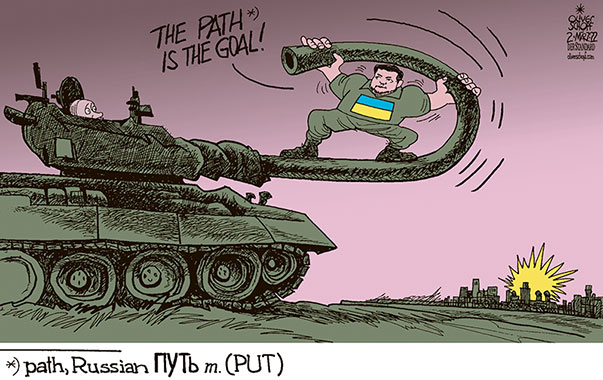 Oliver Schopf, editorial cartoons from Austria, cartoonist from Austria, Austrian illustrations, illustrator from Austria, editorial cartoon politics politician Europe, Cartoon Arts International, 2022: UKRAINE WAR PUTIN ZELENSKYY TANK PATH RUSSIAN TRANSLATION THE PATH IS THE GOAL CONFUCIUS RESISTANCE INVASION 

