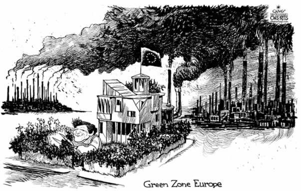Oliver Schopf, editorial cartoons from Austria, cartoonist from Austria, Austrian illustrations, illustrator from Austria, editorial cartoon 
Europe 2008: european union eu comission president  climate, pollution, jose barroso gardening in a green zone 
