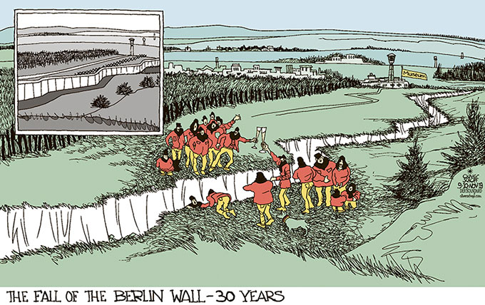 Oliver Schopf, editorial cartoons from Austria, cartoonist from Austria, Austrian illustrations, illustrator from Austria, editorial cartoon politics politician Germany, Cartoon Arts International, 2019: BERLIN WALL FALL 30TH ANNIVERSARY INNER GERMAN BORDER TRENCH GAP PROSECCO CELEBRATION GLASS CHAMPAIGN 