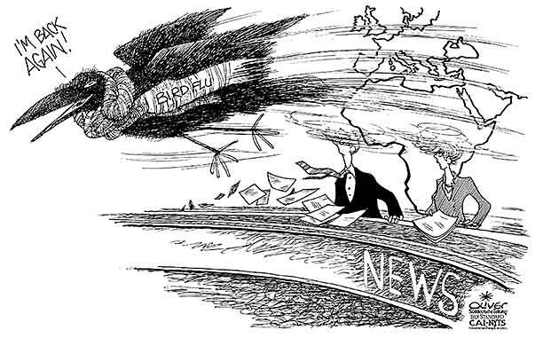 Oliver Schopf, editorial cartoons from Austria, cartoonist from Austria, Austrian illustrations, illustrator from Austria, editorial cartoon politics politician Germany, Cartoon Arts International, New York Times Syndicate, Cagle cartoon 2016: BIRD FLU TV BREAKING NEWS DESK ANCHORMAN RAVEN FLY

 