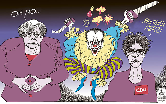 Oliver Schopf, editorial cartoons from Austria, cartoonist from Austria, Austrian illustrations, illustrator from Austria, editorial cartoon politics politician Germany, Cartoon Arts International, New York Times Syndicate, Cagle cartoon 2019 CDU MERKEL FRIEDRICH MERZ KRAMP KARRENBAUER HALLOWEEN HORROR CLOWN CRITICS ELECTIONS THURINGIA 