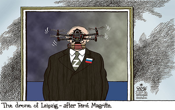 Oliver Schopf, editorial cartoons from Austria, cartoonist from Austria, Austrian illustrations, illustrator from Austria, editorial cartoon politics politician Germany, Cartoon Movement, @oliverschopf.bsky.social 2026: DRONE LEIPZIG AIRPORT BACKERS RUSSIA PUTIN RENÉ MAGRITTE PAINTING MAN WITH MELON SURRELISM


