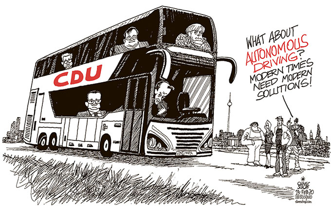 Oliver Schopf, editorial cartoons from Austria, cartoonist from Austria, Austrian illustrations, illustrator from Austria, editorial cartoon politics politician Germany, Cartoon Arts International, 2020: CDU PARTY LEADER MERKEL FRIEDRICH MERZ ARMIN LASCHET JENS SPAHN NORBERT RÖTTGEN BUS DRIVER AUTONOMOUS DRIVING    