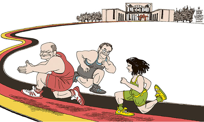 Oliver Schopf, editorial cartoons from Austria, cartoonist from Austria, Austrian illustrations, illustrator from Austria, editorial cartoon politics politician Germany, Cartoon Arts International, 2021: GERMANY ELECTIONS BUNDESTAG OLAF SCHOLZ SPD ARMIN LASCHET CDU/CSU ANNALENA BAERBOCK GREEN PARTY RUN RUNNING SPORT CHANCELLOR CANDIDATE CHANCELLERY BERLIN
