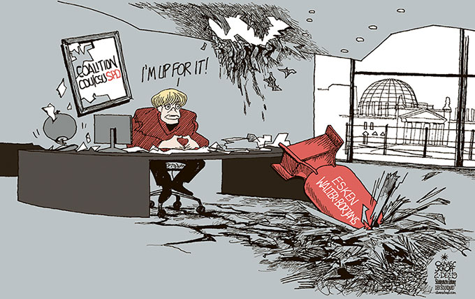 Oliver Schopf, editorial cartoons from Austria, cartoonist from Austria, Austrian illustrations, illustrator from Austria, editorial cartoon politics politician Germany, Cartoon Arts International, Süddeutsche Zeitung 2019: MERKEL OFFICE CHANCELLOR GRAND COALITION CDU CSU SPD WALTER-BORJANS SASKIA ESKEN PARTY LEADER BOMB    