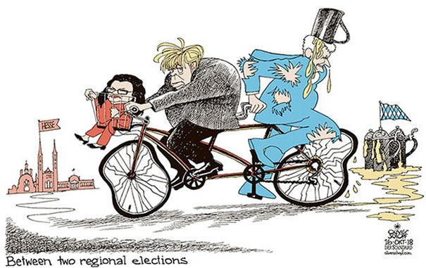 Oliver Schopf, editorial cartoons from Austria, cartoonist from Austria, Austrian illustrations, illustrator from Austria, editorial cartoon politics politician Germany, Cartoon Arts International, New York Times Syndicate, Cagle cartoon 2018  MERKEL SEEHOFER NAHLES COALITION CDU CSU SPD GOVERNMENT REGIONAL ELECTIONS BAVARIA HESSE TANDEM CRISIS 