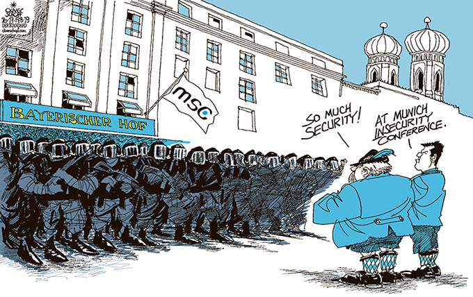 Oliver Schopf, editorial cartoons from Austria, cartoonist from Austria, Austrian illustrations, illustrator from Austria, editorial cartoon politics politician Germany, Cartoon Arts International, New York Times Syndicate, Cagle cartoon 2019 MUNICH SECURITY CONFERENCE POLICE PROTECTION INSECURITY INSTABILITY WORLD ORDER USA EUROPE CHINA RUSSIA
 title=