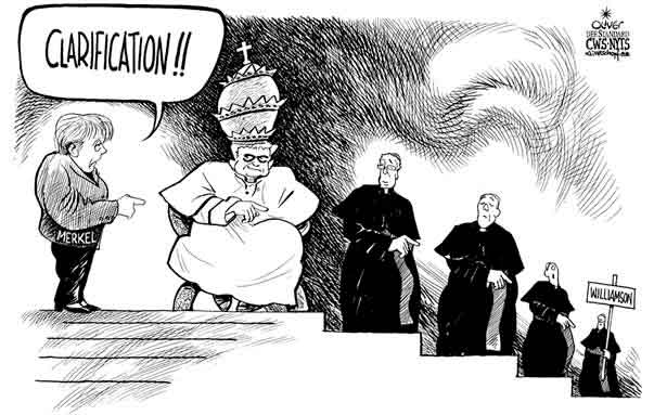 Oliver Schopf, editorial cartoons from Austria, cartoonist from Austria, Austrian illustrations, illustrator from Austria, editorial cartoon Germany 2009: pope benedict XVI. on throne angela merkel saying clarification concerning richard williamson holocaust denial
 width=