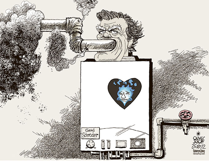 Oliver Schopf, editorial cartoons from Austria, cartoonist from Austria, Austrian illustrations, illustrator from Austria, editorial cartoon politics politician Germany, Süddeutsche Zeitung, Cartoon Arts International, 2022: GERHARD GERD SCHRÖDER GAZPROM ROSNEFT VLADIMIR PUTIN GAS COMBI BOILER SMOKE CHIMNEY HEART FLAME TUBE


