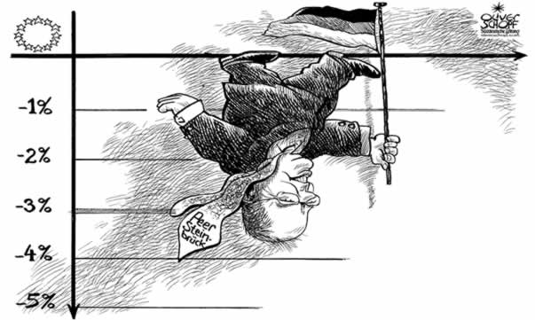  
Oliver Schopf, editorial cartoons from Austria, cartoonist from Austria, Austrian illustrations, illustrator from Austria, editorial cartoon
Europe EU eu germany 2009:    peer steinbrueck german minister of finance upsidedown on his walk of shame in the fiscal budget deficit