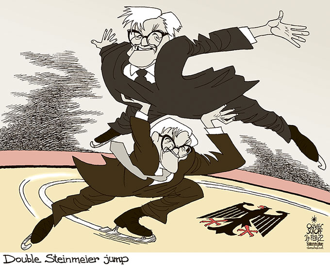 Oliver Schopf, editorial cartoons from Austria, cartoonist from Austria, Austrian illustrations, illustrator from Austria, editorial cartoon politics politician Germany, Süddeutsche Zeitung, Meinung, Seite 4, Cartoon Arts International, Courrier International, 2022: FEDERAL PRESIDENT ELECTION REELECTION FRANK-WALTER STEINMEIER FIGURE SKATING JUMP DOUBLE TWIN FREESTYLE   
