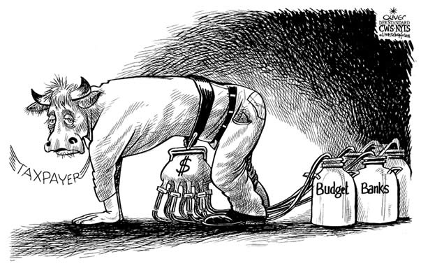  
Oliver Schopf, editorial cartoons from Austria, cartoonist from Austria, Austrian illustrations, illustrator from Austria, editorial cartoon
Europe EU eu germany 2009tax payer as cash cow, budget, bank, milk taxpayer as cash cow bailout