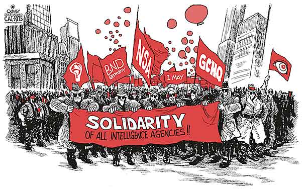Oliver Schopf, editorial cartoons from Austria, cartoonist from Austria, Austrian illustrations, illustrator from Austria, editorial cartoon politics politician International, Cartoon Arts International, New York Times Syndicate, Cagle cartoon 2015 1 MAY INTERNATIONAL WORKER’S DAY LABOUR DAY MAY DAY INTELLIGENCE AGENCY NSA GCHQ BND  

