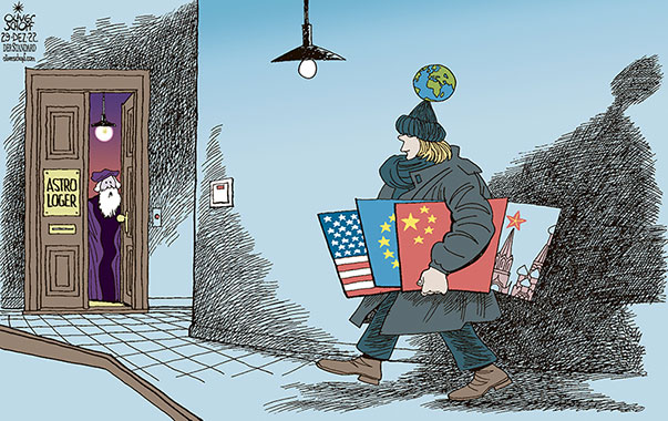 Oliver Schopf, editorial cartoons from Austria, cartoonist from Austria, Austrian illustrations, illustrator from Austria, editorial cartoon politics politician International, Cartoon Arts International, 2022: WORLD POLITICS SUPERPOWER USA CHINA RUSSIA EU FLAG STARS FUTURE PROPHECY ASTROLOGY ASTROLOGER 




