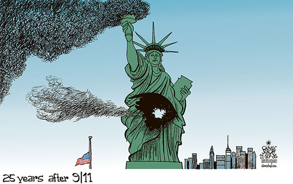 Oliver Schopf, editorial cartoons from Austria, cartoonist from Austria, Austrian illustrations, illustrator from Austria, editorial cartoon politics politician International, Cartoon Movement, @oliverschopf.bsky.social 2026: 9/11 25 YEARS AFTER STATUE OF LIBERTY TRUMP IMPACT HOLE SMOKE FIRE TOWER WORLD TRADE CENTER AIRPLANE
  

 

 




 





 




























