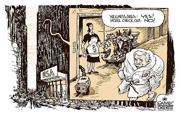 Oliver Schopf, editorial cartoons from Austria, cartoonist from Austria, Austrian illustrations, illustrator from Austria, editorial cartoon politics politician International 2011 strauss-kahn hotel housekeeping sofitel new york rape arrest release prosecutor