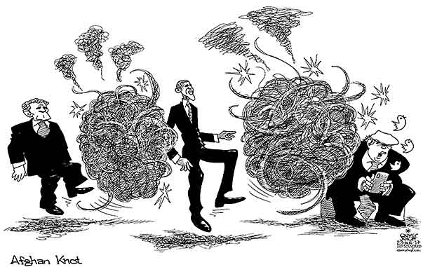 Oliver Schopf, editorial cartoons from Austria, cartoonist from Austria, Austrian illustrations, illustrator from Austria, editorial cartoon politics politician International, Cartoon Arts International, New York Times Syndicate, 2017: AFGHANISTAN WAR USA GEORGE W BUSH OBAMA TRUMP GORDIAN KNOT TWITTER TWEETING LEGACY  

