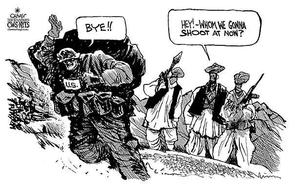 Oliver Schopf, editorial cartoons from Austria, cartoonist from Austria, Austrian illustrations, illustrator from Austria, editorial cartoon politics politician International 2011 afghanistan usa withdrawal exit Taliban shoot bye






