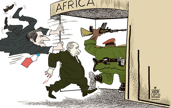 Oliver Schopf, editorial cartoons from Austria, cartoonist from Austria, Austrian illustrations, illustrator from Austria, editorial cartoon politics politician International, Cartoon Movement, CartoonArts International 2023: AFRICA MACRON FRANCE PUTIN RUSSIA MILITARY COUP MALI NIGER GABUN REVOLVING DOOR

