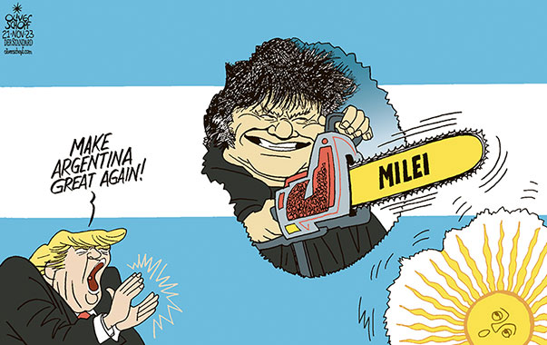 Oliver Schopf, editorial cartoons from Austria, cartoonist from Austria, Austrian illustrations, illustrator from Austria, editorial cartoon politics politician International, Cartoon Movement, CartoonArts International 2023: ARGENTINA FLAG SUN PRESIDENT PRESIDENTIAL ELECTIONS JAVIER MILEI WINNER MOTOR POWER SAW CHAINSAW CUT DONALD TRUMP APPLAUSE CLAP MAGA











