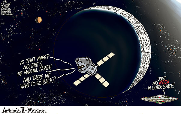 Oliver Schopf, editorial cartoons from Austria, cartoonist from Austria, Austrian illustrations, illustrator from Austria, editorial cartoon politics politician International, Cartoon Movement, @oliverschopf.bsky.social 2026: ARTEMIS II 2 NASA MOON LUNAR MISSION EARTH MARS MARTIAL WARS TRUMP MAGA ALIENS EXTRATERRESTRIANS MOTHER SHIP OUTER SPACE UNIVERSE 
 




 





 




























