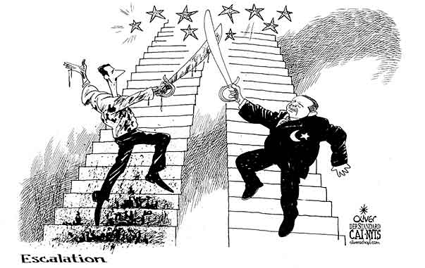 Oliver Schopf, editorial cartoons from Austria, cartoonist from Austria, Austrian illustrations, illustrator from Austria, editorial cartoon politics politician International, Cartoon Arts International, New York Times Syndicate, Cagle cartoon 2012 SYRIA TURKEY ASSAD ERDOGAN ESCALATION STAIR STAIRWAY CONFLICT BORDER SABER  
