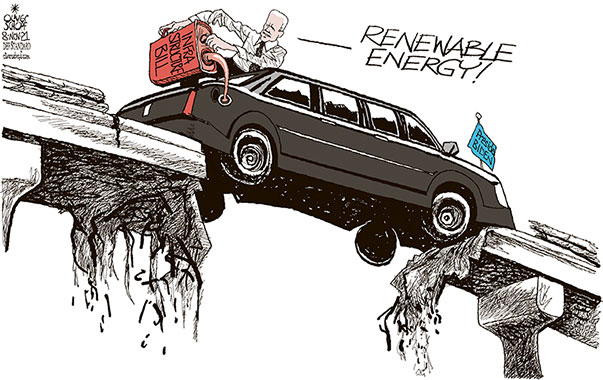 Oliver Schopf, editorial cartoons from Austria, cartoonist from Austria, Austrian illustrations, illustrator from Austria, editorial cartoon politics politician International, Cartoon Arts International, 2021: USA PRESIDENT JOE BIDEN INFRASTRUCTURE BILL DESPERATE WRETCHED STREETS BRIDGE FUEL REFUEL GAS UP GAP JAM PINCH    
