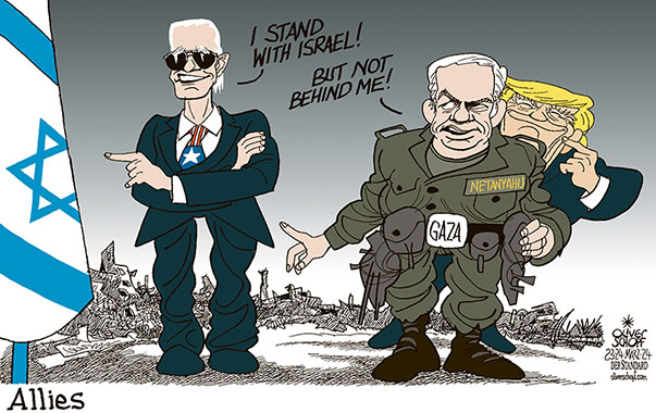 Oliver Schopf, editorial cartoons from Austria, cartoonist from Austria, Austrian illustrations, illustrator from Austria, editorial cartoon politics politician International, Cartoon Movement, CartoonArts International 2024: MIDDLE EAST ISRAEL PALESTINE GAZA WAR JOE BIDEN NETANYAHU TRUMP SUPPORT HELP ALLIES STAND WITH













