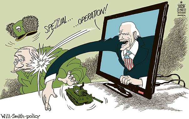 Oliver Schopf, editorial cartoons from Austria, cartoonist from Austria, Austrian illustrations, illustrator from Austria, editorial cartoon politics politician International, Cartoon Arts International, 2022: UKRAINE WAR PUTIN JOE BIDEN DIALOGUE SPECIAL OPERATION Z OSCAR AWARDS WILL SMITH SLAP FACE CLOUT    
