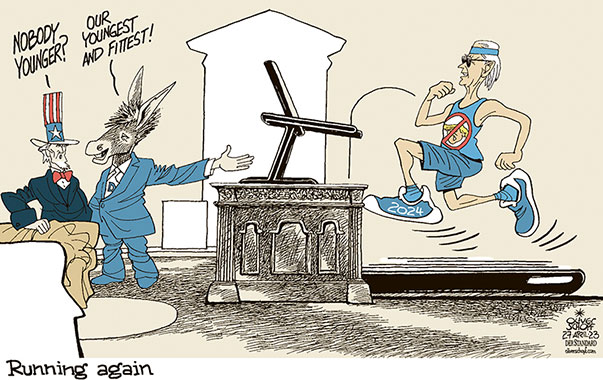 Oliver Schopf, editorial cartoons from Austria, cartoonist from Austria, Austrian illustrations, illustrator from Austria, editorial cartoon politics politician International, Cartoon Movement, 2023: USA JOE BIDEN CANDIDATE RUNNING ELECTIONS 2024 TREADMILL OVAL OFFICE WHITE HOUSE DEMOCRATS JACKASS DONKEY UNCLE SAM  
