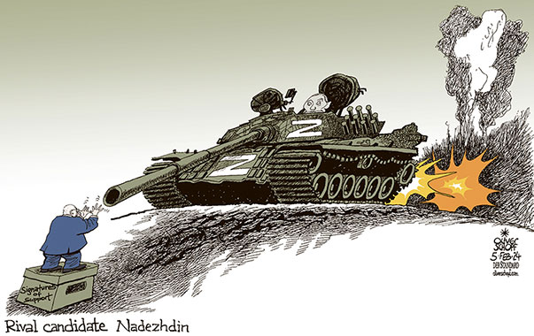 Oliver Schopf, editorial cartoons from Austria, cartoonist from Austria, Austrian illustrations, illustrator from Austria, editorial cartoon politics politician International, Cartoon Movement, CartoonArts International 2024: RUSSIA PRESIDENTIAL ELECTIONS BORIS NADEZHDIN PUTIIN CHALLENGE UKRAINE WAR TANK LONG NOSE 











