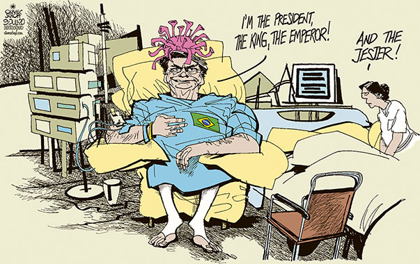 Oliver Schopf, editorial cartoons from Austria, cartoonist from Austria, Austrian illustrations, illustrator from Austria, editorial cartoon politics politician International, Politico, Cartoon Arts International, 2020: BRAZIL CORONAVIRUS CRISIS JAIR BOLSONARO PRESIDENT KING EMPEROR JESTER HOSPITAL INFECTION ROOM BED SISTER   


