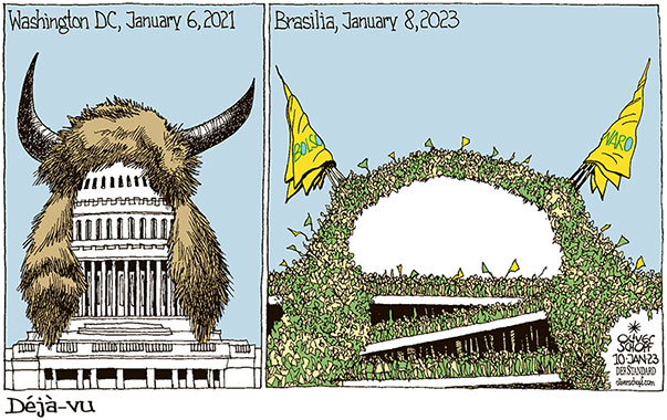 Oliver Schopf, editorial cartoons from Austria, cartoonist from Austria, Austrian illustrations, illustrator from Austria, editorial cartoon politics politician International, Cartoon Arts International, 2023: BRAZIL RASILIA PROTESTERS BOLSONARO SUPPORTERS STORM STORMING BUILDING WASHINGTON CAPITOL HILL J6 JANUARY 6 TRUMP  DÉJÀ-VU  
