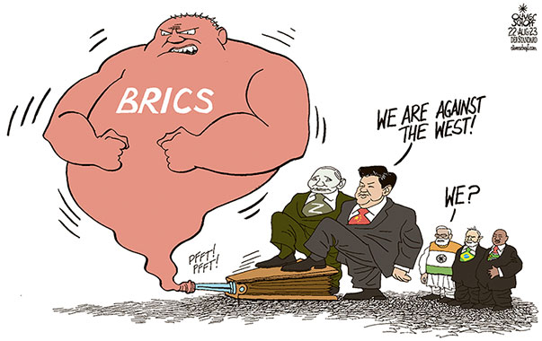 Oliver Schopf, editorial cartoons from Austria, cartoonist from Austria, Austrian illustrations, illustrator from Austria, editorial cartoon politics politician International, Cartoon Movement, CartoonArts International 2023: BRICS SUMMIT SOUTH AFRICA BRAZIL INDIA CHINA RUSSIA PUTIN XI JINPING MODI RAMAPHOSA AGAINST THE WEST USA EU
