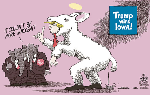 Oliver Schopf, editorial cartoons from Austria, cartoonist from Austria, Austrian illustrations, illustrator from Austria, editorial cartoon politics politician International, Cartoon Movement, CartoonArts International 2024: USA PRESIDENTIAL ELECTIONS CAUCUS IOWA DONALD TRUMP WINNER LAMB INNOCENT REPUBLICANS ELEFANT 











