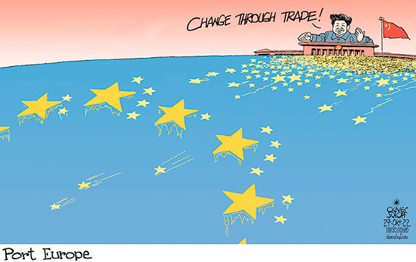 Oliver Schopf, editorial cartoons from Austria, cartoonist from Austria, Austrian illustrations, illustrator from Austria, editorial cartoon politics politician International, Cartoon Arts International, 2022: CHINA EU PORT CONTAINER TERMINAL HAMBURG TOLLERORT CORCO XI JINPING CHANGE THROUGH TRADE FLAG STARS SHIPS 

