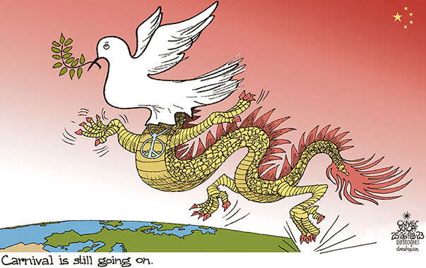 Oliver Schopf, editorial cartoons from Austria, cartoonist from Austria, Austrian illustrations, illustrator from Austria, editorial cartoon politics politician International, Cartoon Arts International, 2022: CHINA UKRAINE WAR RUSSIA EUROPE USA THE WEST PEACE PLAN DOVE CHINESE DRAGON CARNIVAL DISGUISE DRESS UP   


