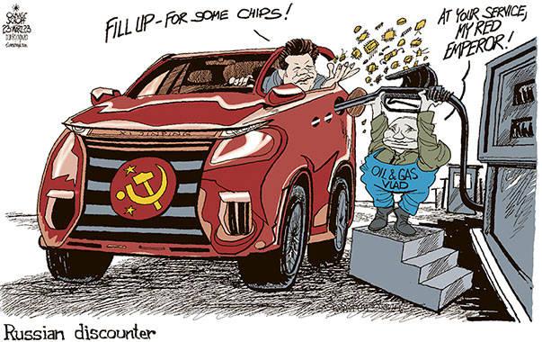 Oliver Schopf, editorial cartoons from Austria, cartoonist from Austria, Austrian illustrations, illustrator from Austria, editorial cartoon politics politician International, Cartoon Arts International, 2023: CHINA RUSSIA XI JINPING OIL GAS STATION FILL UP DISCOUNTER SUV CHIP RED EMPEROR


