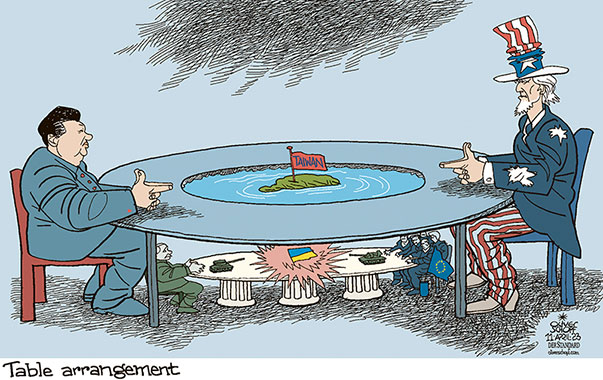 Oliver Schopf, editorial cartoons from Austria, cartoonist from Austria, Austrian illustrations, illustrator from Austria, editorial cartoon politics politician International, Cartoon Arts International, 2023: CHINA RUSSIA USA EU XI JINPING UNCLE SAM PUTIN ELONGATED TABLE  TAIWAN UNDER THE TABLE 

