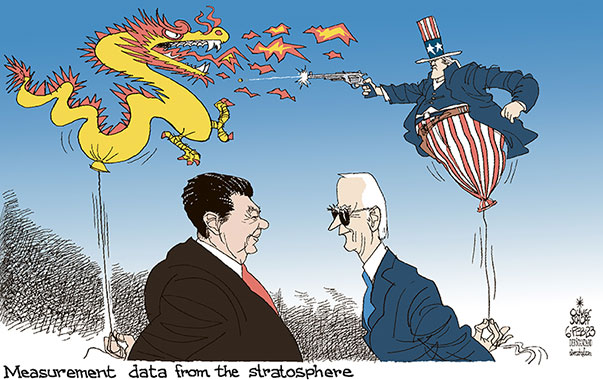 Oliver Schopf, editorial cartoons from Austria, cartoonist from Austria, Austrian illustrations, illustrator from Austria, editorial cartoon politics politician International, Cartoon Arts International, 2023: CHINA USA XI JINPING JOE BIDEN BALLOON WEATHERBALLOON ESPIONAGE SPYING DRAGON UNCLE SAM SHOOTING STRATOSPHERE MEASUREMENT DATA 


