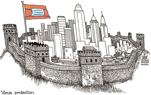 Oliver Schopf, editorial cartoons from Austria, cartoonist from Austria, Austrian illustrations, illustrator from Austria, editorial cartoon politics politician International, Politico, Cartoon Arts International, 2020: CHINA CORONAVIRUS SARS QUARANTINE MEGACITY WUHAN GREAT WALL DISEASE INFECTION LUNG MASK FLAG    

