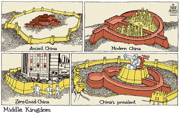 Oliver Schopf, editorial cartoons from Austria, cartoonist from Austria, Austrian illustrations, illustrator from Austria, editorial cartoon politics politician International, Cartoon Arts International, 2022:  CHINA GREAT WALL COMMUNIST PARTY HAMMER SICKLE ZERO COVID STRATEGY LOCKDOWN CLOSE OFF BAR BOLT XI JINPING PRESIDENT DICTATOR



