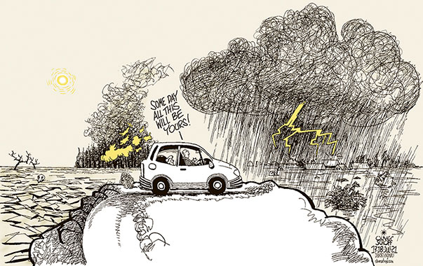 Oliver Schopf, editorial cartoons from Austria, cartoonist from Austria, Austrian illustrations, illustrator from Austria, editorial cartoon politics politician International, Cartoon Arts International, 2021: CLIMATE CHANGE GLOBAL WARMING HEAT DROUGHT RAIN TEMPEST THUNDERSTORM FLOOD FIRE FOREST CAR WASTE GAS CARBON DIOXIDE FATHER SON CHILD KID LEGACY  

