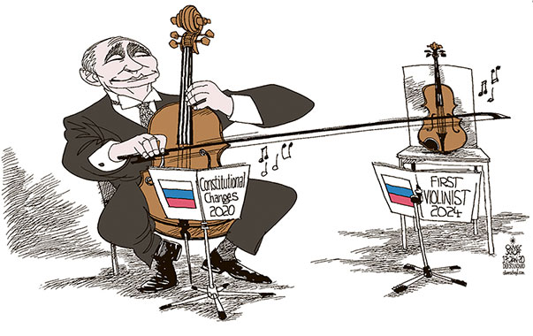Oliver Schopf, editorial cartoons from Austria, cartoonist from Austria, Austrian illustrations, illustrator from Austria, editorial cartoon politics politician International, Cartoon Arts International, 2020 : RUSSIA CONSTITUTION CHANGE PUTIN DUMA PARLIAMENT CELLO VIOLINE STRINGS MUSIC CONCERT  
