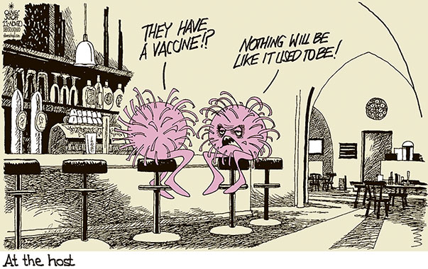 Oliver Schopf, editorial cartoons from Austria, cartoonist from Austria, Austrian illustrations, illustrator from Austria, editorial cartoon politics politician International, Politico, Cartoon Arts International, 2020: CORONAVIRUS CRISIS SARS-CoV-2 COVID-19 VACCINE BIONTECH PFIZER HOST BAR RESTAURANT INN LOCKDOWN    

